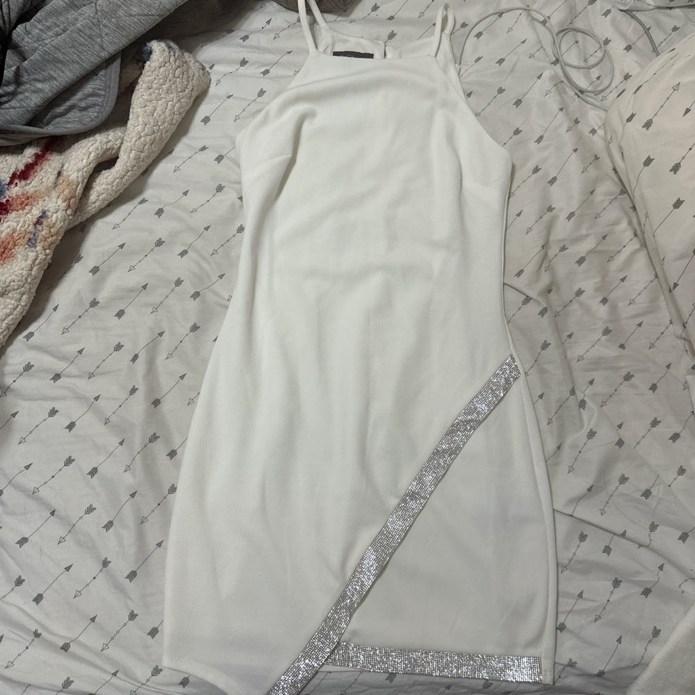White mini dress with bedazzled trim